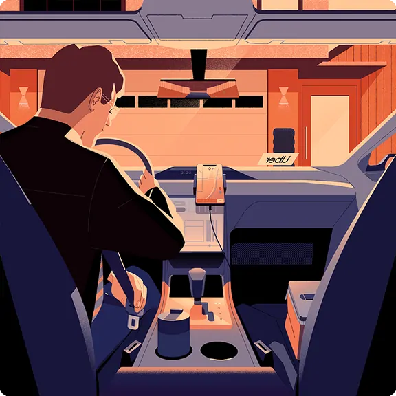 Illustration of a driver inside a car at dusk